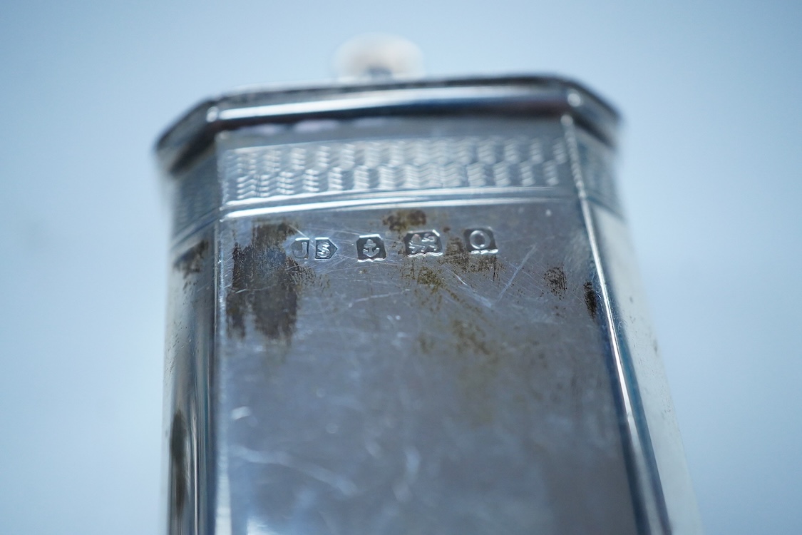 A small group of silver to include an Elizabeth II pierced shallow dish by Viners Ltd, Sheffield, 1957, diameter 12.4cm, a 1930's silver mounted cigarette box, a George III silver fiddle pattern sauce ladle and five silv